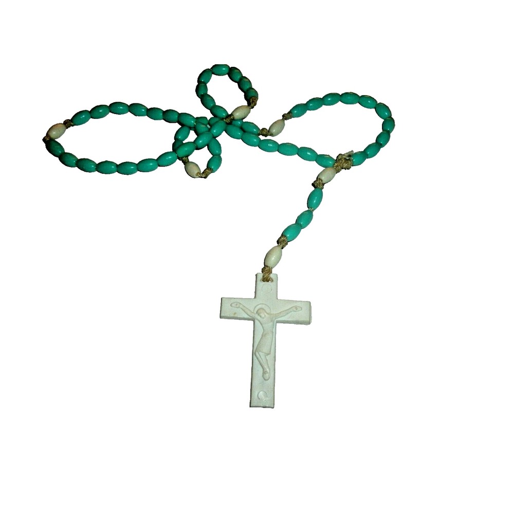 Vintage Turquoise Plastic Bead Rosary White Crucifix Catholic Prayer Beads